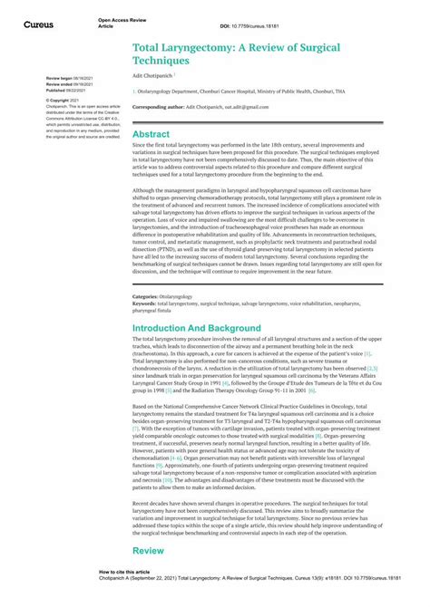 Total Laryngectomy: A Review of Surgical Techniques .